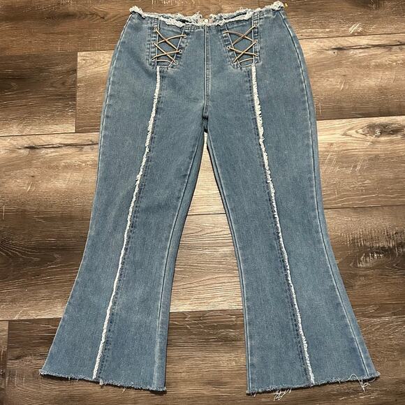 PrettyLittleThing Denim - PrettyLittleThing Lace-Up Flare Jeans Size 8 Raw Hem Boho
